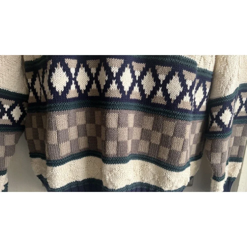 Vtg Royal Knight Grandpa Sweater Abstract Pattern Geometric Checkers Chunky Blue
